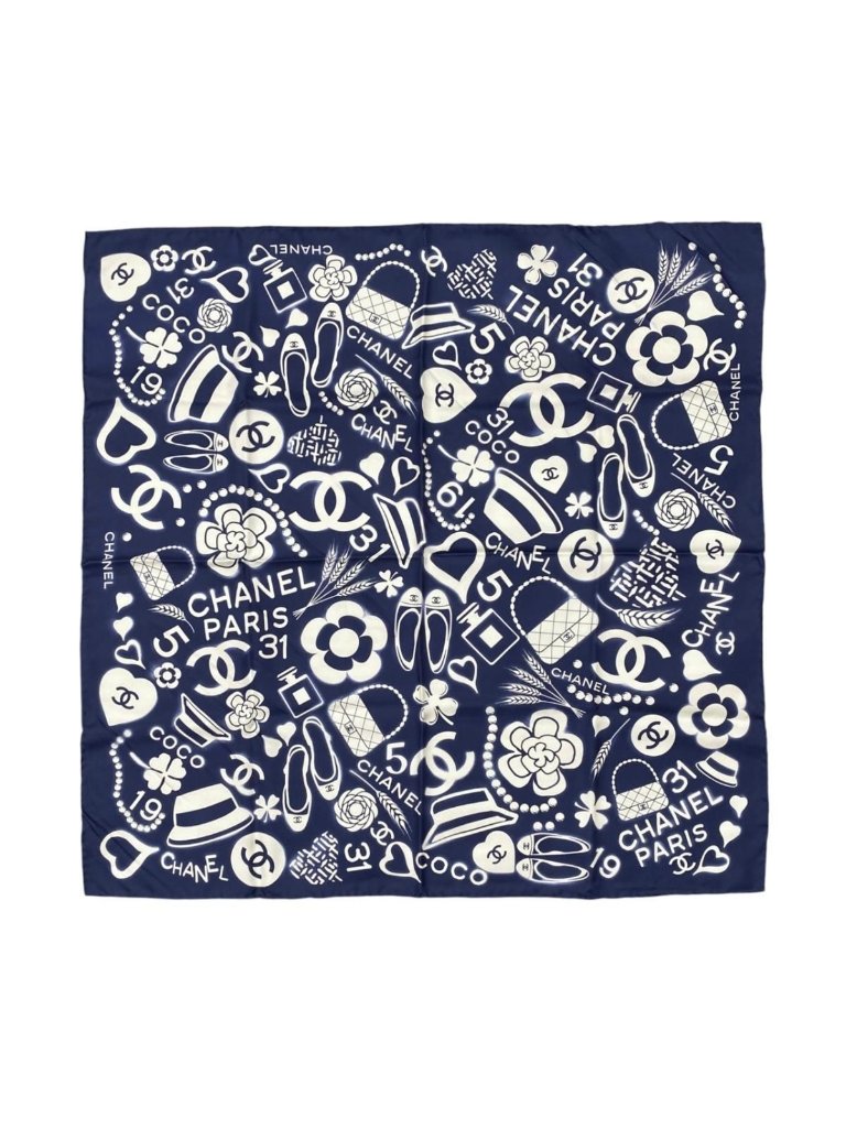 Chanel Silk Scarf Cc Logo Camellia Navy Blue White